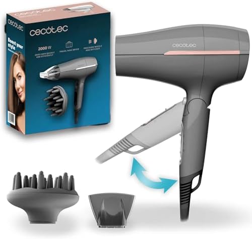 Cecotec Asciugacapelli da Viaggio IoniCare Power&Go Heaven Grey. 2000W. 2 Temperature. 2 Velocità. Funzione Aria Fredda. Bocchetta Concentratore e Diffusore. Anello per Appendere