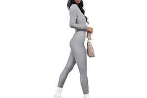 Onsoyours Combinaison de Yoga Moulante en Tricot Côtelé à Manches Longues et Col Carré pour Femme Couleur Unie Jumpsuits Combi Vetement de Sport