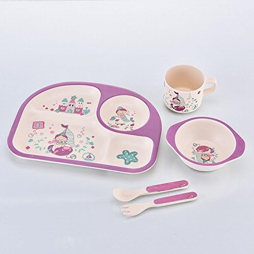 XHW Children 'S Plate Bamboo Fiber Points Baby Cartoon Baby Cutlery Set Food Bowl Spoon Fork Spoon Cup Non-Toxic 5 Sets,Purple