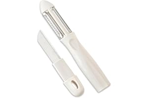 MOEM&AN Pelador Patatas con Cuchillo, 3en1 Multipelador de Frutas y Verduras, Pelador Verduras, Pelador Multiusos|Pela Laminas Juliana|Cuchillas: Acero Inoxidable, Oscilantes, Afiladas|Mango Ergonomico blanco