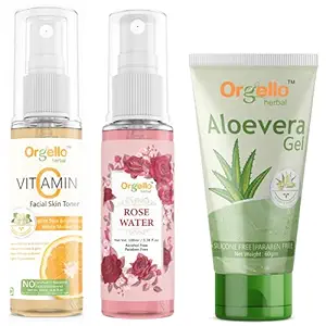 Orgello Herbal Vitamin C Toner Combo (100 ml ) With Rose Water Spray Mist Toner Gulab jal (100 ml ) + Aloe Vera Gel ( 60 gm ) - Pack Of 3 - for men women girls boys normal oily dry skin