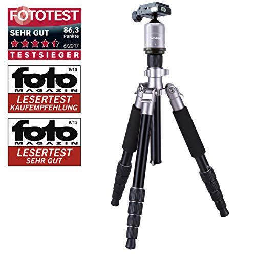 Rollei Compact Traveler No. 1 - Trípode Ligero de Aluminio de Viaje y Exterior, Cabezal Esférico, ARCA SWISS compatible, Función Macro Fotografia, Capacidad de carga máx. 5kg, Color Titanio