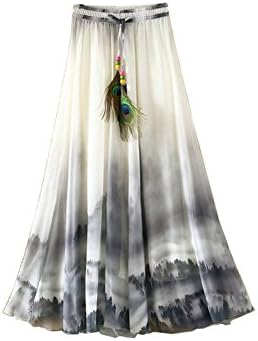 Kaxuyiiy Women's Peacock Feather Boho Chinese Painting Beach Party Elastic Waist Maxi Long Pleated Skirt (Black Chinese Painting)