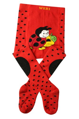 Weri Spezials Baby-Unisex ABS Terry Sole Anti Non Slip Ladybug Tights 12-18 Months Red