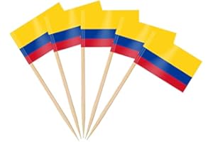 AhfuLife 100/200 szt. flagi kolumbijskiej wykałaczki, kolumbijska flaga koktajlowa na Święto Narodowe Kanapki Jedzenie Cupcake Toppery Zastawa stołowa Mistrzostwa Świata artykuły imprezowe Pub Royal