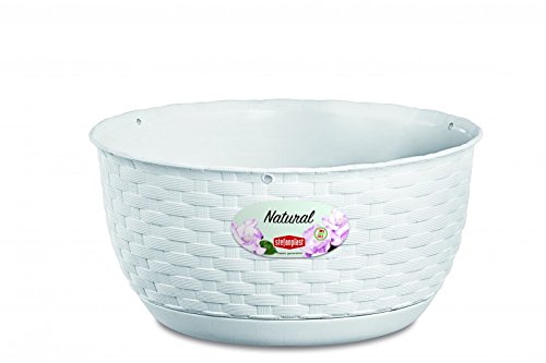 Blumenschale zum Aufhängen im Rattan Design mit Bewässerungssystem, Durchmesser 30 cm, Höhe 14,5 cm, Farbe weiß