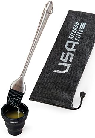 Grill Basting Brush | Folding Cup | Storage Bag By USA Kitchen Elite - 12 Inch Stainless Steel Handle With Silicone Bristles - Baste Food On The Grill With Ease - Ideal Pastry Brush &amp; Barbecue Brush