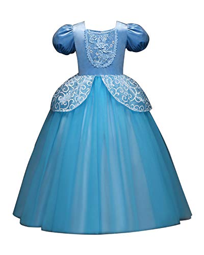 Eleasica Fille Robe de Princesse Cendrillon Costume Enfants Manches Courtes Bouffante Dentelle Tutu Tulle Robe Longue Déguisements Costume Bleu Doux Cosplay Halloween Noël, Bleu, 130 cm