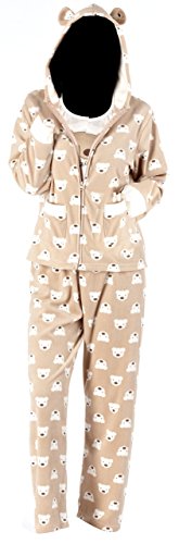 OCTAVE® Ladies Warm Winter 3 Piece Pyjama Set With Teddy Bear Print [Size 10/12, Brown] - [INTERNAL REF: LN000136]