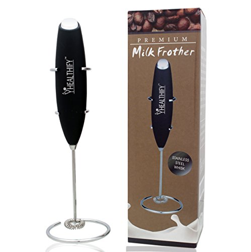 Healthify Milk Frother Handheld Battery Operated Electric Foam Maker for Coffee, Latte, Cappuccino, Hot Chocolate, Durable Drink Mixer with Stainless Steel Whisk, Stainless Steel Stand Include