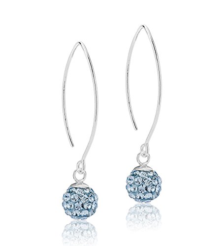 DTPSilver - 925 Sterling Silver and Swarovski Crystal Elements Round Disco Ball Dangle Earrings - Colour : Aquamarine