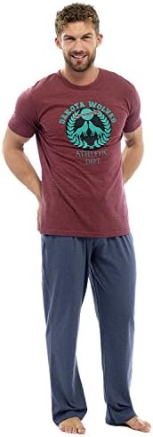 Mens Dakota Wolves Print T Shirt and Plain Trouser Red and Blue Contrast Jersey Pyjamma Set Size Medium
