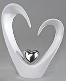 Keramikskulptur Herz mit Herz H25cm Weiß/Silber