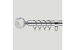 HOME TREATS Extendable Curtain Pole Crystal | Chrome Metal Curtain Pole Set 25mm | Includes Rings, Finials, Brackets & Fittings. (40cm to 325cm, Crystal Final)