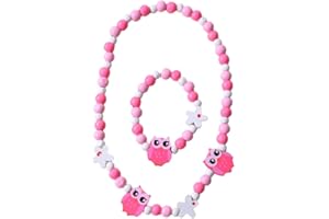 Meet-shop en Bois Coloré Enfants Ensemble de Bijoux,Princesse Collier Bracelets Set Chouette Perles Collier et Bracelet Cadeau pour Les Filles Fête d'anniversaire Habillage Accessoire