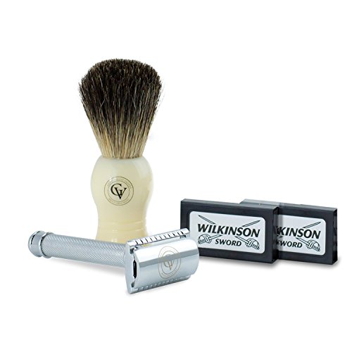 Shaving kit - Ivory Pure Badger shaving brush, Short handle double edge safety razor with X2 packs wilkinson sword razors