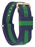MOMENTO Damen Herren NATO Nylon Uhren-Armband Ersatz-Armband Uhren-Band mit Edelstahl-Schliesse in Rosé-Gold und Blau Grün Gestreift 22mm