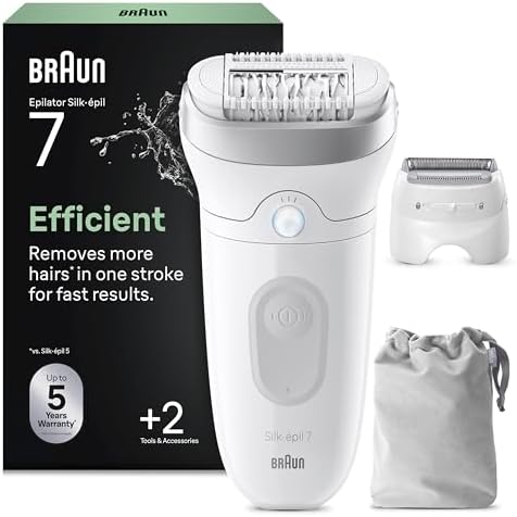 Braun Silk Epil 7 Epilatore Elettrico Donna Con Testina Ampia Per Facile Rimozione Peli, Rasoio Elettrico Donna, Wet&Dry, Pelle Liscia A Lungo, Con Testina Radente, Cappuccio Regolatore,7-030,Argento