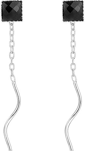 Luckyfree 925 Pure Silver Waves Ear-Wire Simple Black Crystal Long Earrings Girl Ear Jewelry