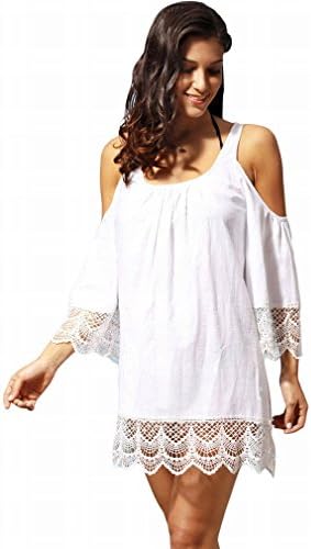 Dress Blouse Lace Crochet Lace Round Collar Shirt Mini Beach Skirt Cool Summer Wear,White,M