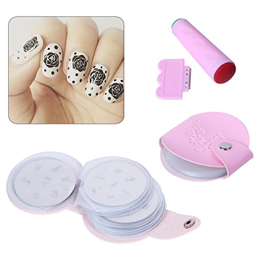 Elite99 Nail Art Decor Manicure Tool Set 24pcs Fashion Various Pattern Template Image Stamps Nail Stamping Printing Plate + Pink Double Ended Stamper + Nail Stamping Plate Holder