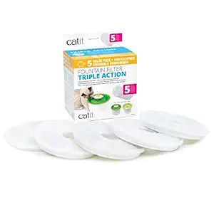 Catit Cat Water Fountain Replacement Filters, Triple Action Filters for Flower Water Fountain Dispenser, Pack of 5