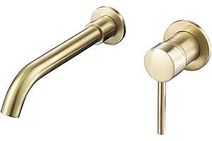 VALAZ Grifo Lavabo Dorado Cepillado Empotrado | Grifo Lavabo Monomando, Mezclador Agua Fría y Caliente, Ahorro de Agua | Instalación Fácil | Latón, Inoxidable, Redondo, Caño 21cm, Serie Guadiana