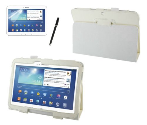 gada - Samsung Galaxy Tab 3 10.1 P5200 P5210 P5220 PREMIUM ULTRA SLIM Leder-Imitat tasche in weiß mit praktischer Standfunktion inkl. kostenloser Displayfolie und Touch Pen