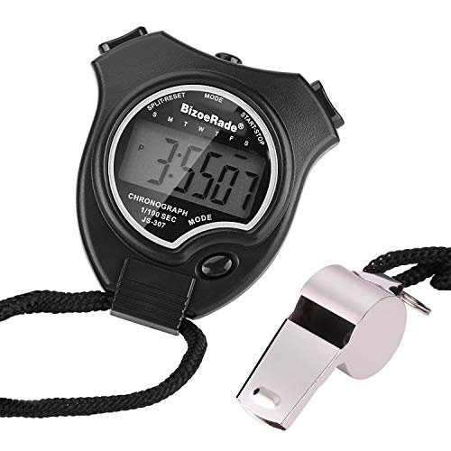 BizoeRade Digital Sport Stoppuhr mit Edelstahl Pfeife, Großer-Bildschirm Einfache Stoppuhr mit Pfeife,Schraubendreher,Beutel,6 Sprachen Broschüre