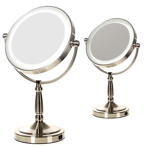 HIMRY® Slim LED Stand KosmetikSpiegel 8 Zoll 10x Vergrößerung, Batteriebetrieben oder mit EU-Stecker, beleuchtedte Standspiegel Kosmetikspiegel Tischspiegel, Make-Up, Rasieren, Badezimmer Spiegel, Spiegel 360 ° drehbar, doppelseitigen Standard und 10 Fach Vergrößerung, KXD3139-10x - 8