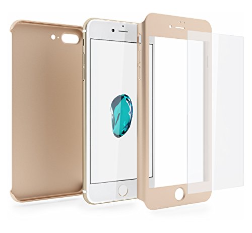 Funda iPhone 7 Plus 360 Grados Completa - Carcasa Integral y Cristal de Vidrio Templado para Movil Apple iPhone 7 Plus - Fundas Delantera y Trasera - iPhone 7 Plus Case Cover  Oro 