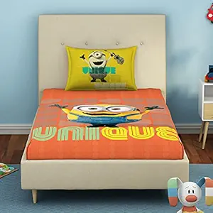 SPACES Minions 100% Cotton Single Bedsheet with Pillow Covers Stain Release Breathable Fabric Skin Safe Printed(152CMX224CM/43CMX68CM) - Orange