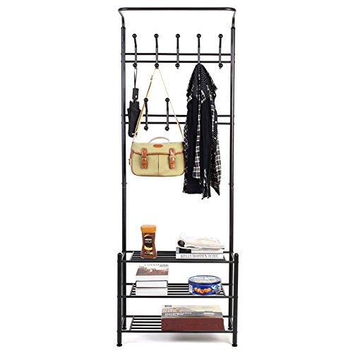 HOMFA Garderobenständer Kleiderständer 3 Ablagefächer Schuhablagen mit 18 Garderobenhaken, Höhe 190cm, Breite 68cm, Tiefe 30cm, Schwarz - 7