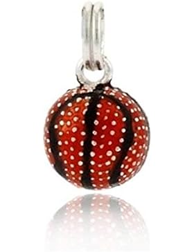 Luxuriöser Basketball Sport Charm / Anhänger mit oranger und schwarzer Emaille, Sterling Silber