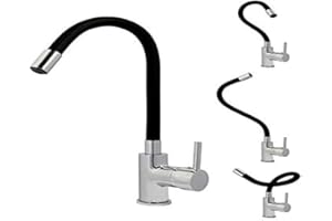 Edouard Rousseau - Mitigeur Évier Koben Mémoire de Forme - Robinet Cuisine en Laiton - Bec Articulé, Aérateur Invisible, Écrou de Serrage Rapide à la Main - 395 (Hauteur) x 180 (Saillie) mm - Noir