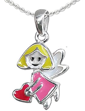 CLEVER SCHMUCK-SET Silberner kleiner Anhänger Mini Fee oder Engel, gelb rosa weiß mit Herz pink und Kette Anker...