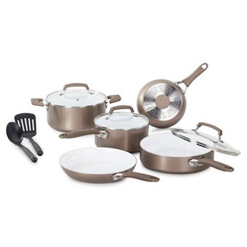 WearEver C944SA64 Pure Living Nonstick Ceramic Coating PTFE-PFOA-Cadmium Free Dishwasher Safe Oven Safe Cookware Set, 10-Piece, Gold