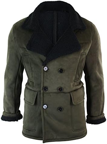 Mens Faux Sheepskin Sherling Lined Double Breasted Fur Coat 3/4 Warm Vintage