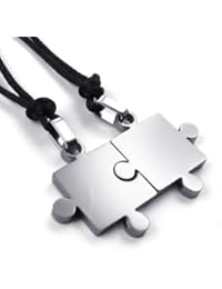 KONOV Joyería 2pcs Collar Amistad con Colgante de Hombre Mujer, Cadena Cuerda 50-60cm(Ajustable), Rompecabezas, Parejas, Amor Love, Regalo del día de San Valentín, Acero inoxidable, plata