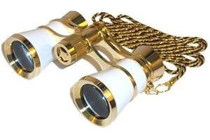HQRP 3 x 25 Opera Binoculars/Theater Glasses w/Crystal Clear Optic (CCO) White pearl with Gold Trim w/Necklace Chain