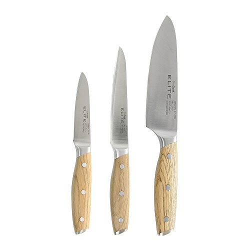ProCook Elite Oak X70 Messerset mit dreifach vernieteten Griffen aus Eichenholz, 3-teilig, Gemüsemesser, Universalmesser und kleines Santoku