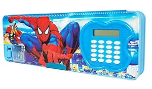 Shifaa Enterprise Multipurpose Magnetic Pencil Box with Calculator, Dual Sharpener for Girls & Boys for School, Big Size Cartoon Printed Pencil Case for Kids (Spiderman Blue)