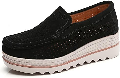 Lakerom Women's Slip On Loafers Platform Comfort Suede Moccasins Wide Low Top Wedge Shoes Work Shoes LRWO0088-BlackLK-39