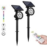 🌞【Iluminación Varidad】3 Nieveles de luminosidad, foco solar LED 9 cambios de color. Luz neutra blanca, Rojo, Amarillo(luz cálida), Verde claro, Verde, Azul claro, Azul, Morado y Rosa. Esta luz solar exterior está equipada con el mando a distancia (distancia: 10-26 pies), puede ajustarlo a voluntad, muy simple.