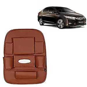 RD Universal PU Leather Car Auto Seat Back Organizer Multi Pocket Travel Storage Bag with Hangers, Tissue Paper and Bottle Holder-Tan Colour Compatible for Honda City