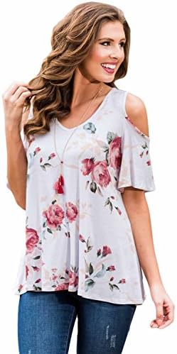 Martildo Fashion, Ladies Cold Shoulder Short Sleeve Floral Top , Pink, Small (UK 8-10)
