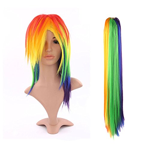 Discoball Womens Ladies Sexy Long Straight Full Wig Tail Set for Rainbow Dash Multi color Cosplay Halloween Costume Party Fancy Hair