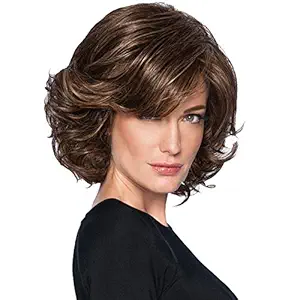 GNIMEGIL Short Brown Curly Hair Replacement Daily Wigs for Women Fancy Mommy Wig (Wig Head Circumference Size is 20-24 inches)