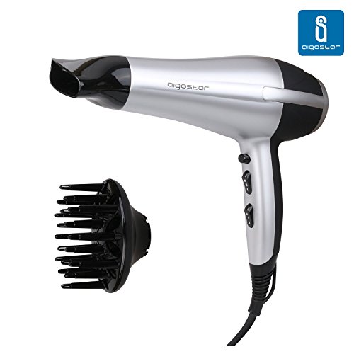 Aigostar Daphne 32GPO - Secador profesional de pelo en color plateado y negro con difusor y accesorios. 2200 watios. Diseño exclusivo de Aigostar.