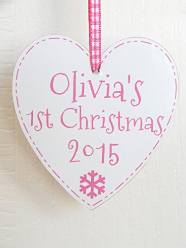 Baby Girl's First Christmas Heart Decoration in Baby Pink, Personalised With Any Name And Year 1st Xmas Tree Decoration Handmade in the UK
